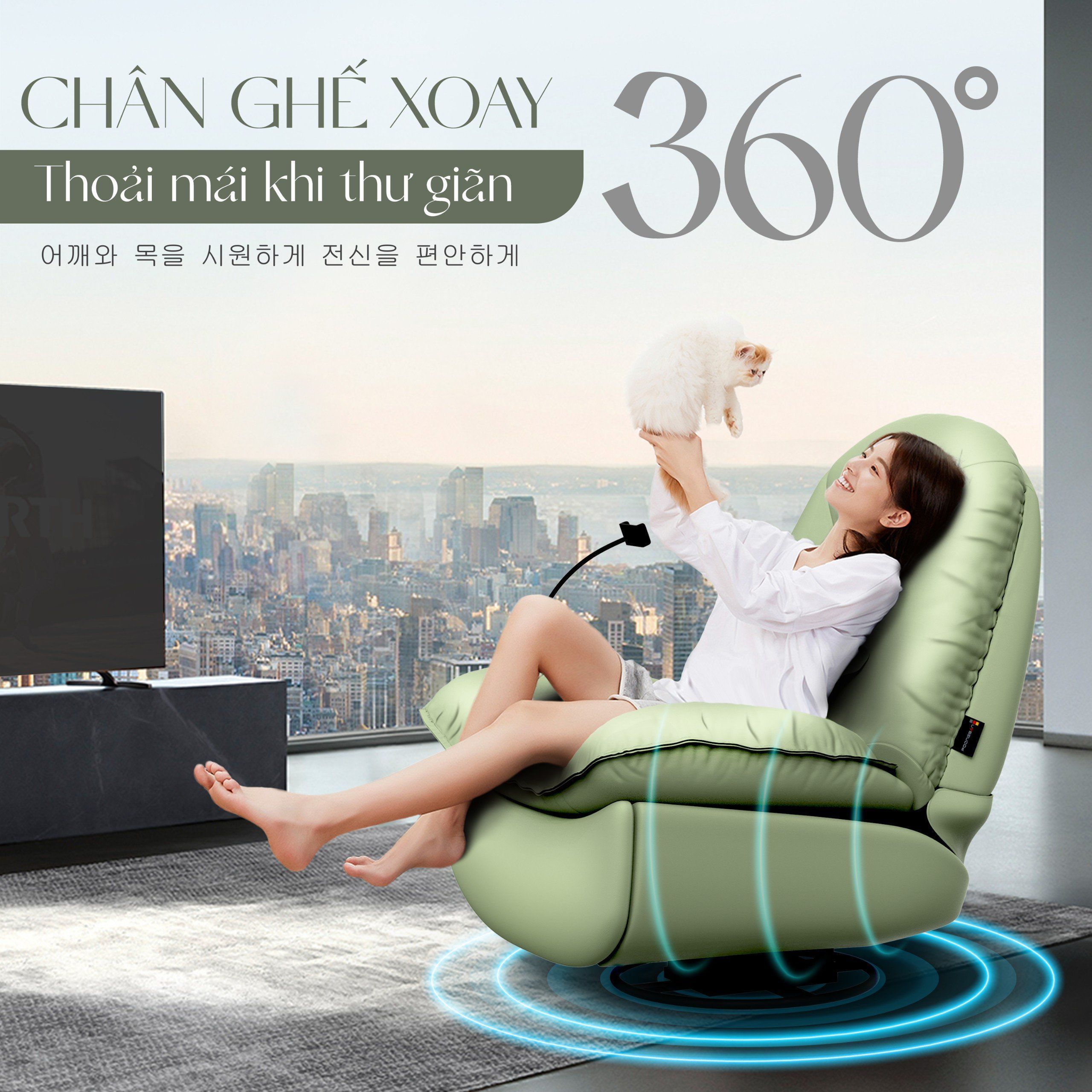 Chân ghế có thể xoay 360 độ, thoải thư giãn khi sử dụng